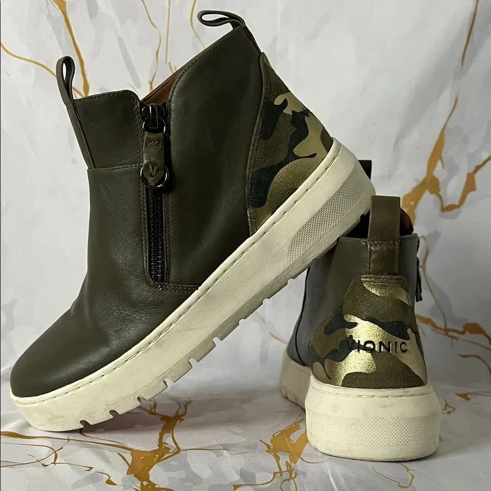 * Vionic Brinkley olive leather sneaker boot with a camouflage